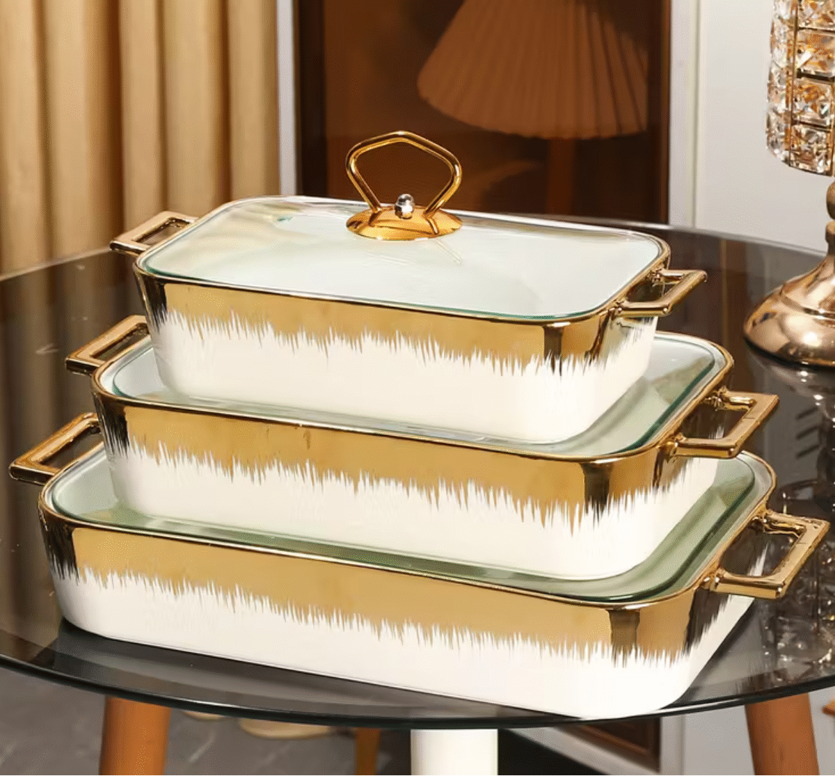 Luxury Ceramic Casserole Dish Set with Gold Trim, 3-Piece, White and Gold (White and Gold)
