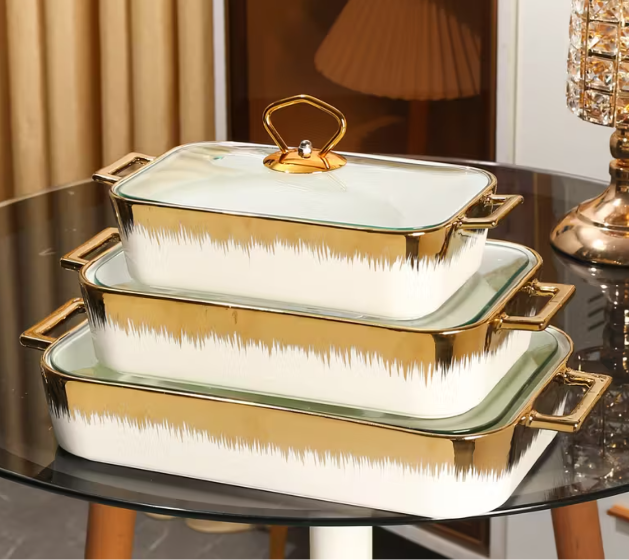 Luxury Ceramic Casserole Dish Set with Gold Trim, 3-Piece, White and Gold (White and Gold)