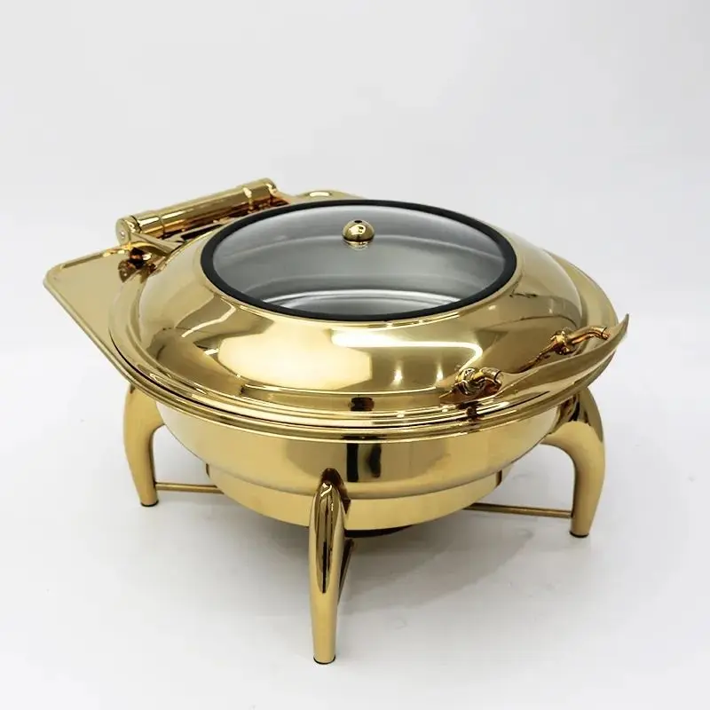 HYDRAULIC ROUND ROLL - TOP CHAFFING DISH  WITH GLASS LID ( GOLD/SILVER