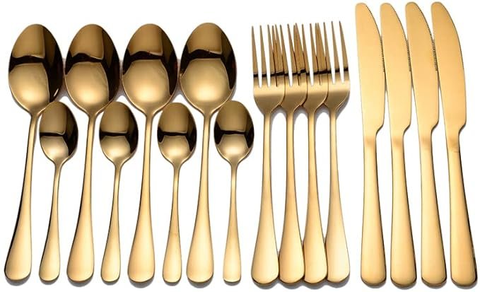 Gold Cutlery Set - Stainless Steel Silverware Flatware, Knife Fork Spoon Teaspoon Utensils for Dining