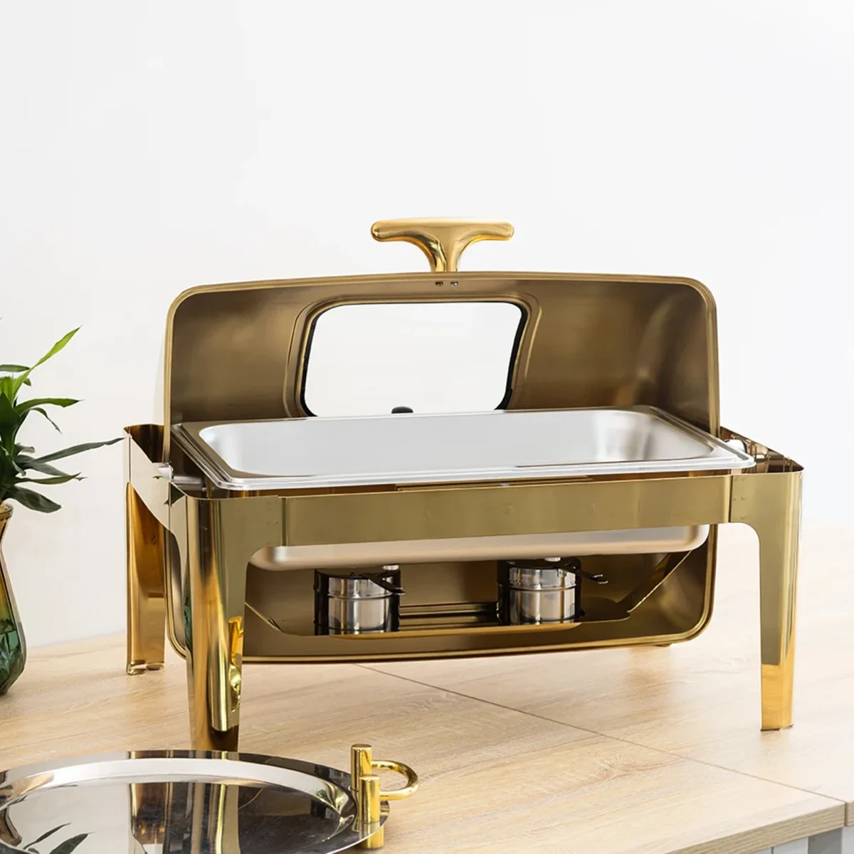 GOLD RECTANGULAR - ROLL TOP CHAFFING DISH WITH WINDOW
