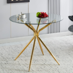 GZXS Modern Round Dining Table with Clear Tempered Glass Top and Golden Metal Cross Legs, 35.4 Inch Kitchen Table for Small Space, Living Room