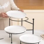 3 Tiered Serving Stand with White Porcelain Plates, 10 Inch Round Tray, Black Metal Stand, Versatile & Durable
