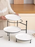 3 Tiered Serving Stand with White Porcelain Plates, 10 Inch Round Tray, Black Metal Stand, Versatile & Durable