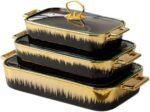 uxury Ceramic Casserole Dish Set with Gold Trim, 3-Piece, White and Gold (Black and Gold) - Image 4