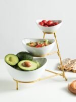3 Tiered Serving Tray  Salad Snack Table Display Set Fruit Bowl White ceramic and Gold metal stand. - Image 4