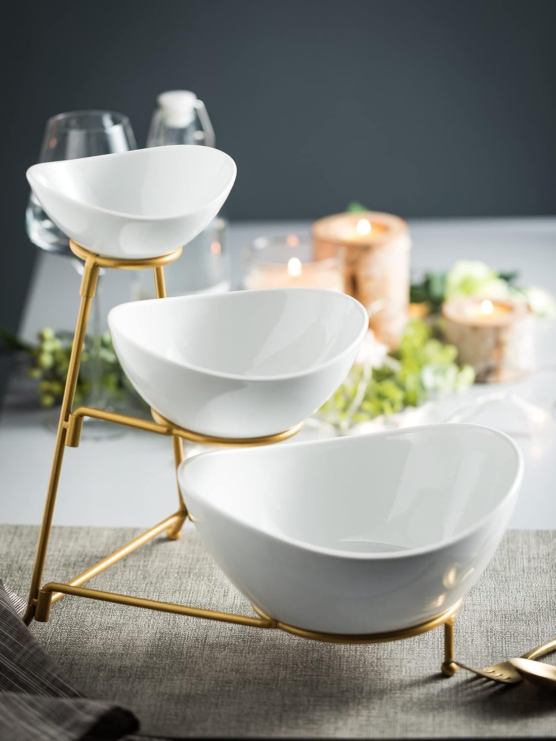 71e1FL4Q6jL._AC_SL1500_.jpg 3 Tiered Serving Tray Salad Snack Table Display Set Fruit Bowl White ceramic and Gold metal stand. - Image 1