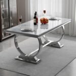 White Silver Modern  72" Rectangular Faux Marble Dining Table Silver U-Base in Grey Silver - Image 8