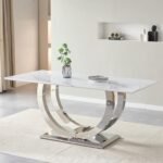 White Silver Modern  72" Rectangular Faux Marble Dining Table Silver U-Base in Grey Silver - Image 5