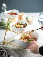 3 Tiered Serving Tray  Salad Snack Table Display Set Fruit Bowl White ceramic and Gold metal stand. - Image 6