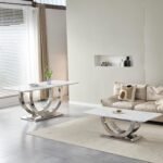 White Silver Modern  72" Rectangular Faux Marble Dining Table Silver U-Base in Grey Silver - Image 7