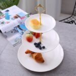 Round Pastry Cupcake Stand Set Elegant White Ceramic Dessert Serving Tray with Silver Gold Handle - Image 2