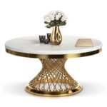 1,8m Round Gold Trim Marble Dining Table With Gold Base - Image 3