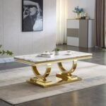 Black and White Gold Modern Rectangular Faux Marble Dining Table - Image 2