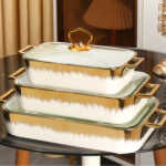 Luxury Ceramic Casserole Dish Set with Gold Trim, 3-Piece, White and Gold (White and Gold)