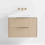 White Marble Top and Oak Wood Single Sink Floating Vanity