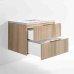 White Marble Top and Oak Wood Single Sink Floating Vanity - Image 6