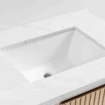White Marble Top and Oak Wood Single Sink Floating Vanity - Image 4