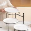 3 Tiered Serving Stand with White Porcelain Plates, 10 Inch Round Tray, Black Metal Stand, Versatile & Durable