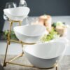 3 Tiered Serving Tray  Salad Snack Table Display Set Fruit Bowl White ceramic and Gold metal stand.