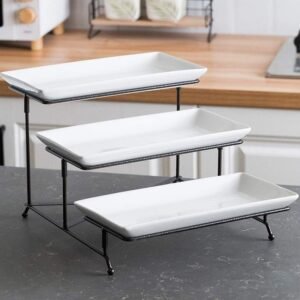 3 Tier Cup Cake Snack Fruit Server Tray Display Serving Dishes Plates 12 Inch White Porcelain Serving Trays with Black Metal Stand