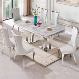 Modern Living Room Furniture Stainless Steel Dining Tables and Chairs Set Marble Stainless Steel Dining Table