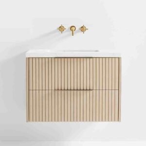 White Marble Top and Oak Wood Single Sink Floating Vanity