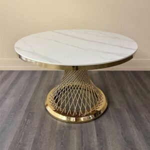 1,8m Round Gold Trim Marble Dining Table With Gold Base